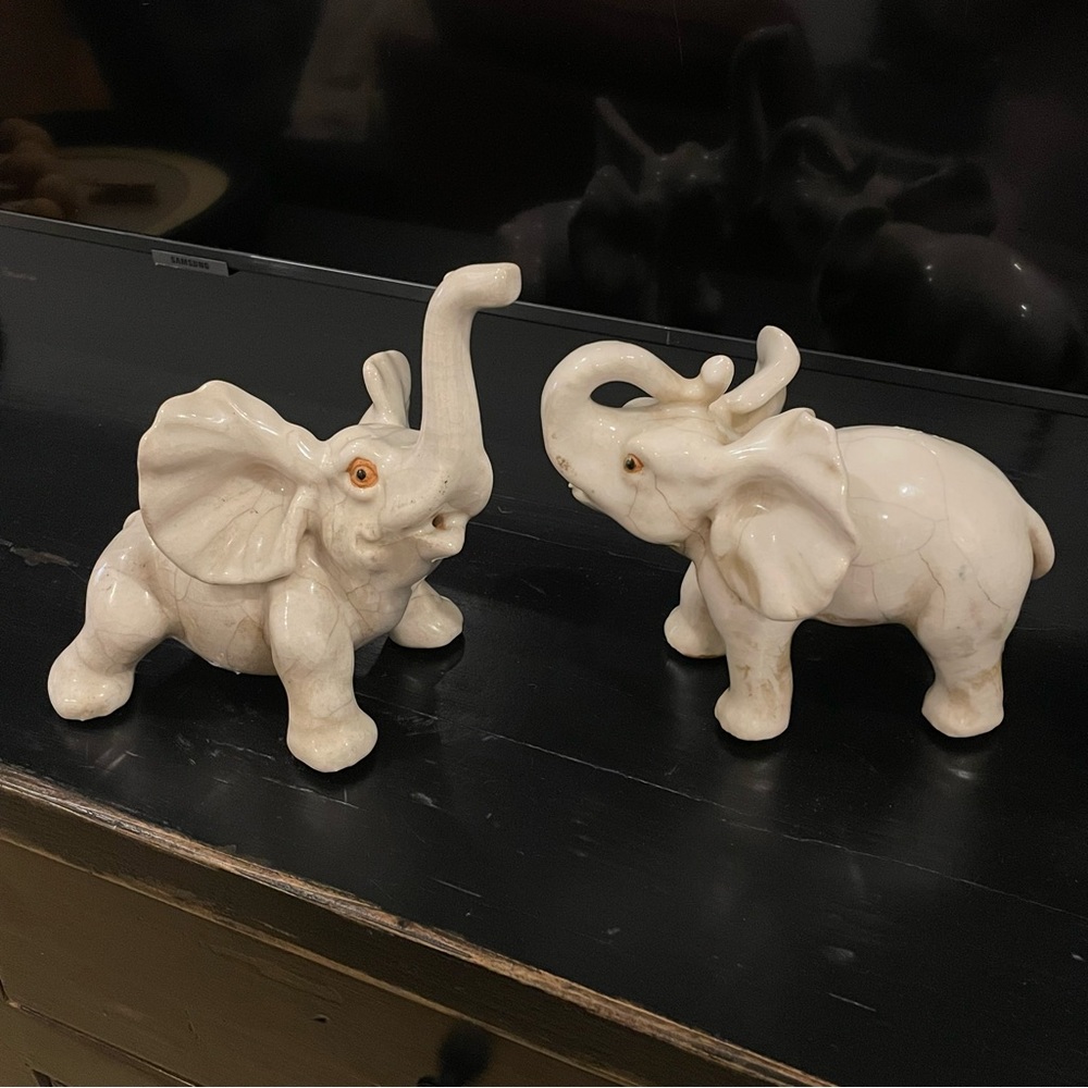 Vintage Playful Elephants Figurine Ceramic Glazed Heavy Crazing  set of 2